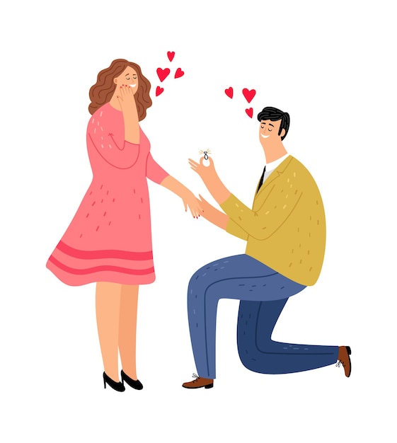 男は女の子にプロポーズします。幸せな女性とリングを持つ男。ロマンチックな日付のイラスト