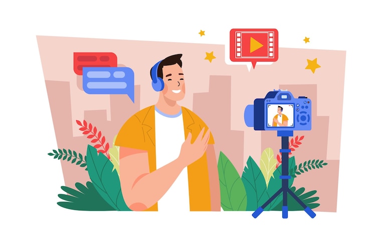 वेक्टर guy makes selfie photos and videos on a camera illustration concept on white background