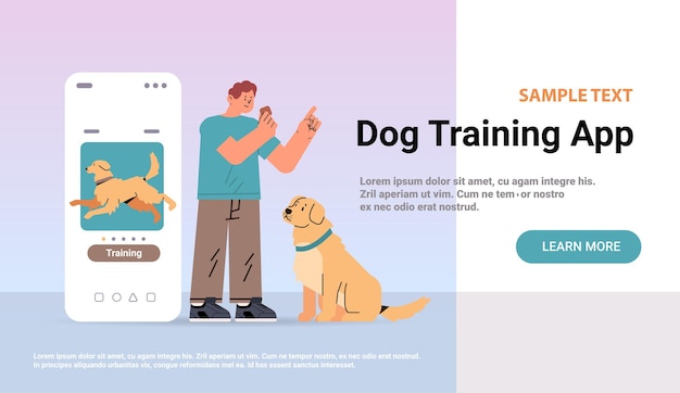 Vector guy owner with cute dog using training app best friends domestic animal friendship concept copy space