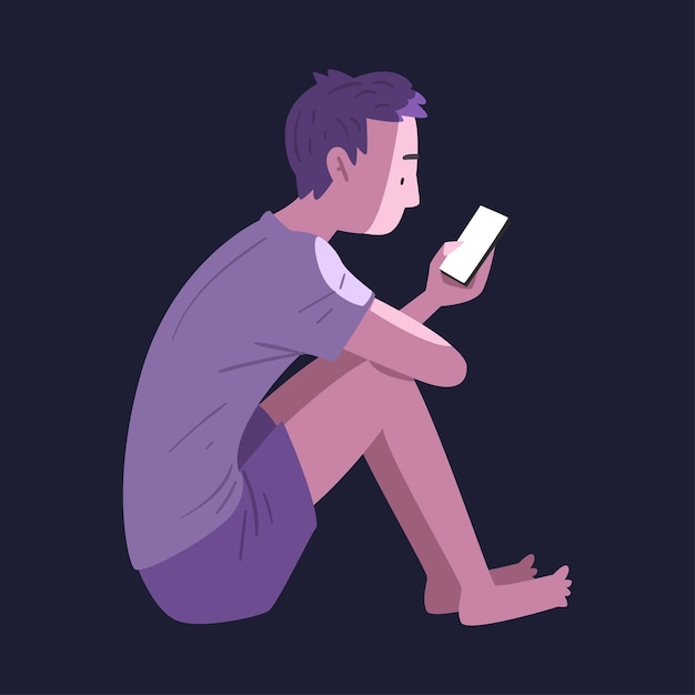 Vector guy in pajamas sitting with smartphone at night person using gadget in bedtime vector illustration