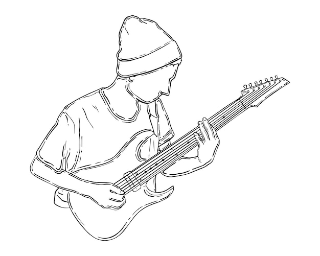 Guy plays guitar in t-shirt and doodle hat linear