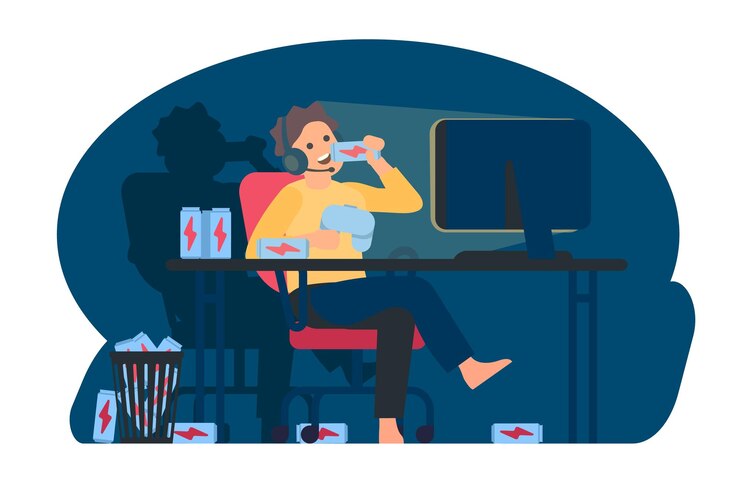 Vector guy plays video game at night man drinks lot of energy beverage computer gamer boy sitting at desk with joystick gaming addiction unhealthy lifestyle addicted player vector concept