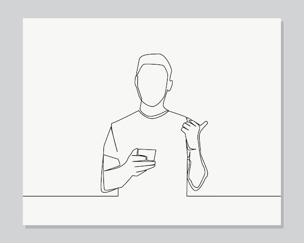 guy pointing finger aside while using cellphone continuous one line illustration