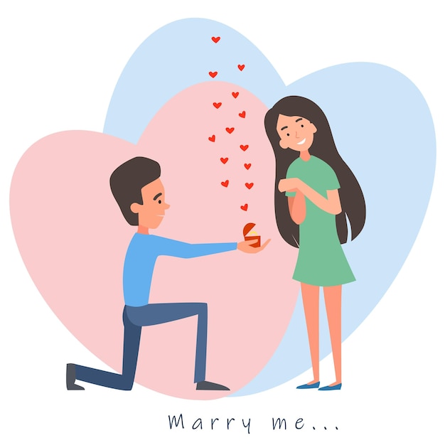 The guy proposes to the girl Valentines Day hearts flat cartoon characters