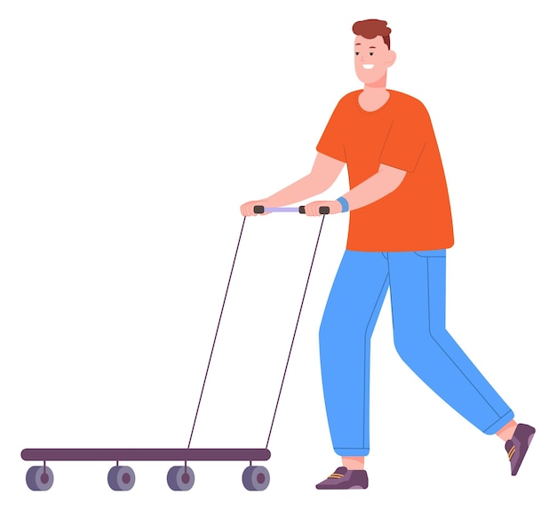 Vector guy pushing empty cart cheerful person shopping