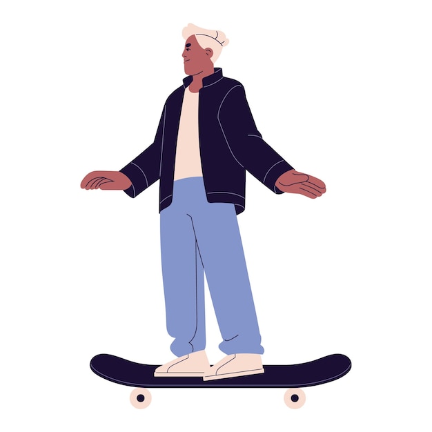 Guy ride on skateboard Skater standing on board Young man skate on a longboard in urban outfit Boy wearing street style clothes Flat isolated vector illustration on white background