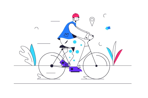 Guy rides a bike on a bike path wearing a helmet illustration