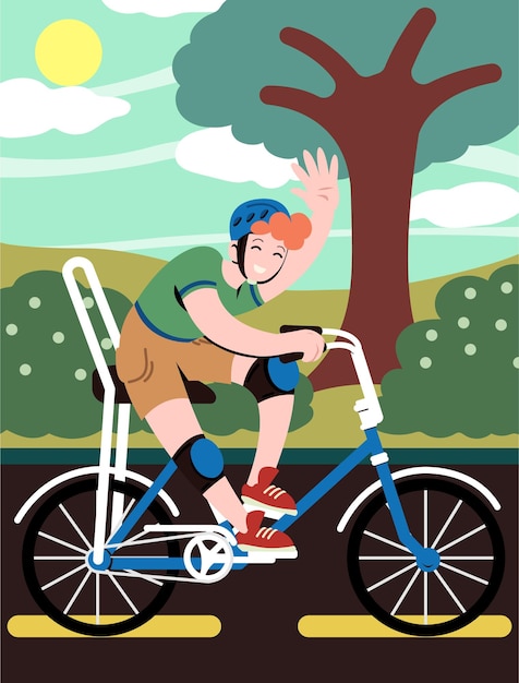 Vector guy riding a bike on a road with nature in the background