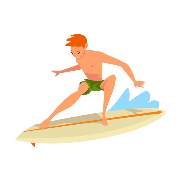 Guy Riding on Ocean Wave Male Surfer Character in Shorts with Surfboard Recreational Beach Water Sport Man Enjoying Summer Vacation Vector Illustration on White Background