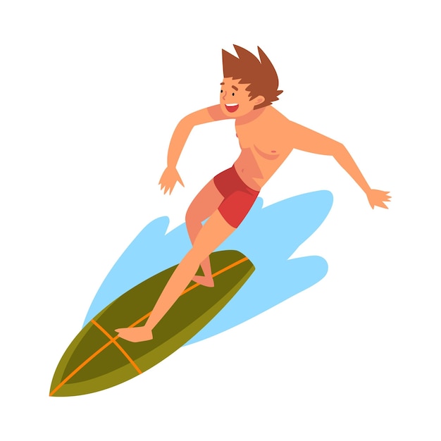 Guy riding on ocean wave male surfer character in shorts with surfboard recreational beach water sport vector illustration on white background