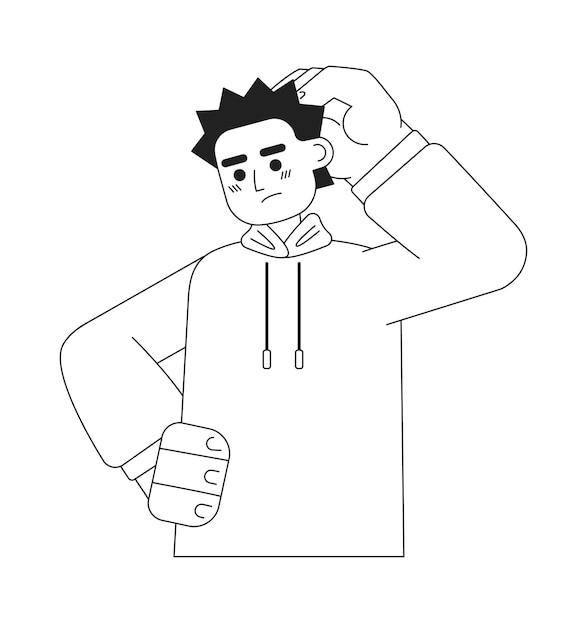 Guy rubbing head in confusion monochromatic flat vector character