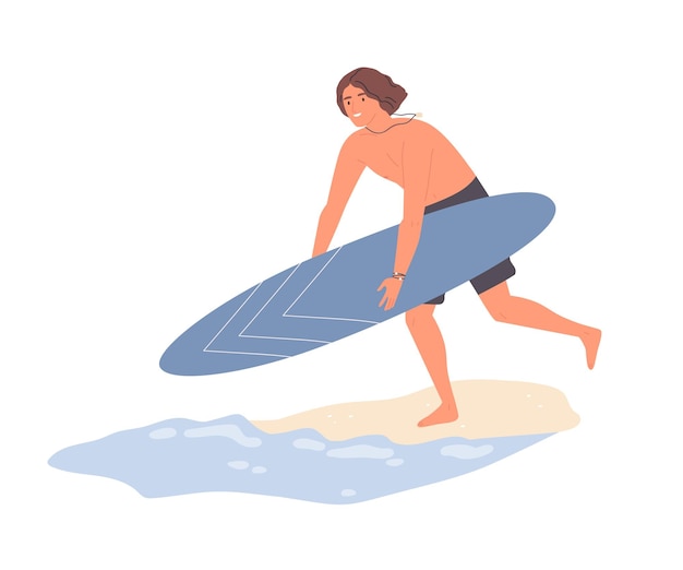 서핑보드 벡터 플랫 삽화를 들고 모래 해변에서 물을 향해 달려가는 남자. 계절별 익스트림 스포츠와 흰색으로 격리된 활동적인 라이프스타일을 연습하는 웃고 있는 서퍼 남자. 휴가를 즐기는 남성.