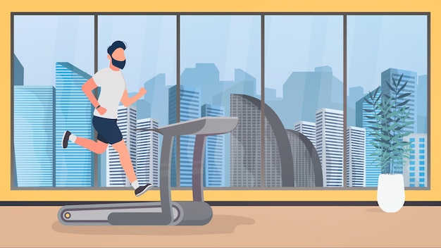 The guy runs on a treadmill. A man is jogging on a simulator. The concept of sport and healthy lifestyle.