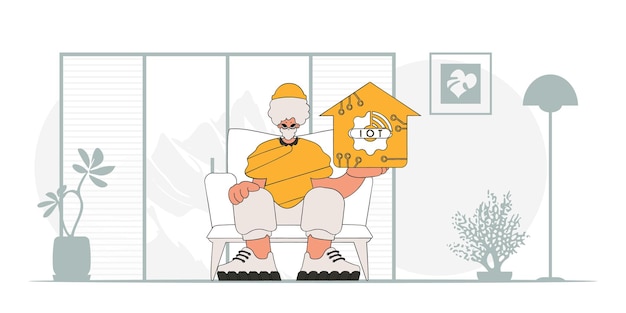 Guy seated on floor, cradling IoT logo. Vector portrayal, modern look.