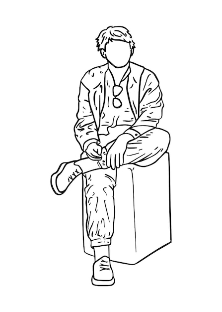 The guy sits crosslegged with short hair glasses shirt jacket pants sneakers doodle linear cartoon coloring