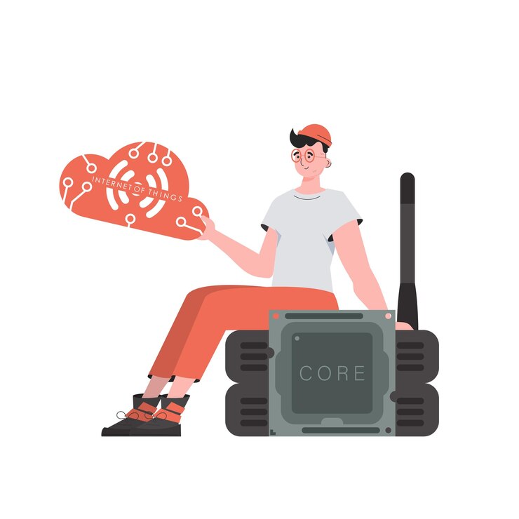 Vector the guy sits on the router and holds the internet of things logo in his hands internet of things and automation concept isolated vector illustration in flat style