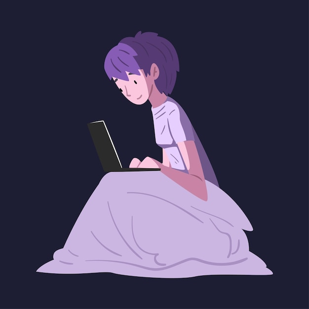Парень, сидящий под одеялом с ноутбуком ночью Человек, использующий цифровой гаджет для игры в онлайн-видеоигры или общения в социальных сетях Векторная иллюстрация