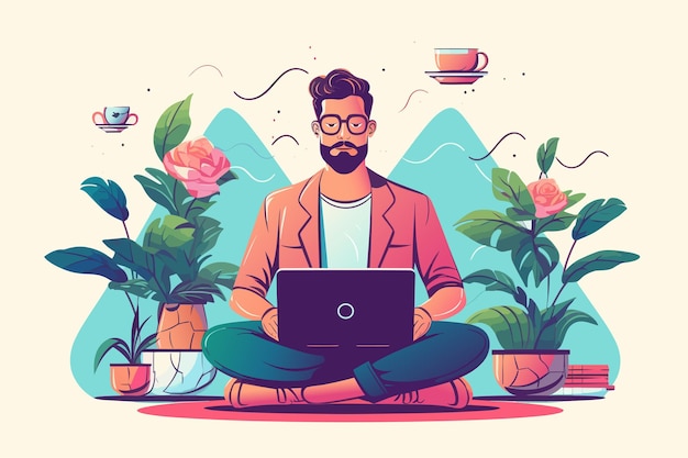 Guy sitting in a relaxed pose and working on a laptop on a background with mountains and flowers