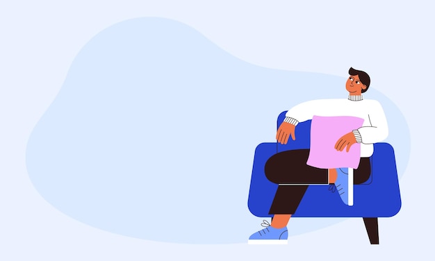 Vector guy sitting on sofa vector flat illustration young man relaxing at home