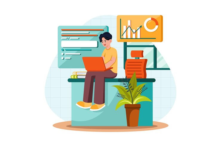 Vector guy sitting at a table on the laptop at home