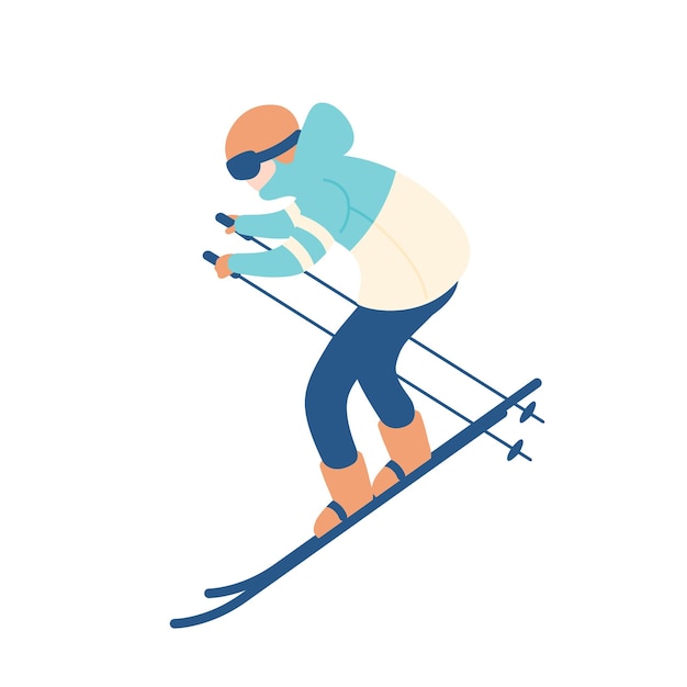 Ragazzo in tuta da neve per lo sci. uomo sugli sci, sportivo o freerider che partecipa a gare di discesa o slalom. sport invernali estremi e attività ricreative. illustrazione vettoriale in stile cartone animato piatto.