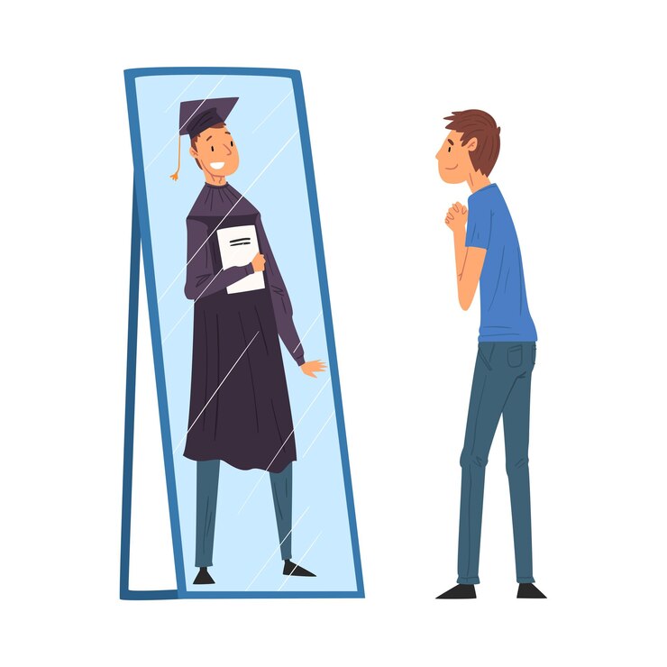 Vector guy standing in front of mirror looking at his reflection and imagine himself as graduation student with diploma ordinary man seeing his successful future in mirror vector illustration
