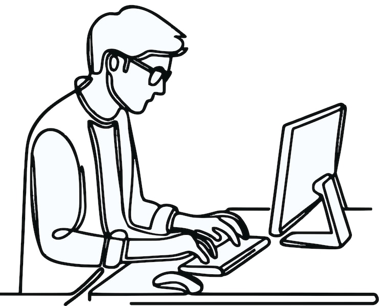 Vector guy standing working on desktop