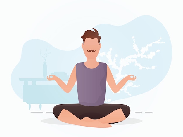 Vector the guy of a strong physique sits meditating yoga cartoon style