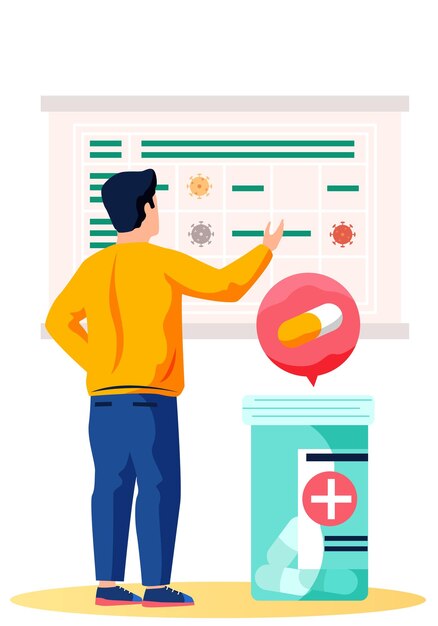 Vector guy studies statistics of spread of the coronavirus on the poster quarantine mode during epidemic calendar depicting a virus icon large container with pills man trying to avoid covid19