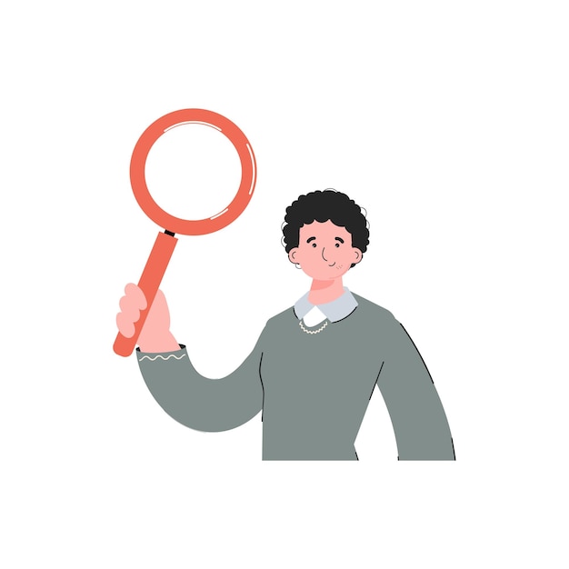 A guy in stylish clothes stands waistdeep and holds a magnifying glass in his hands Isolated Element for presentations sites