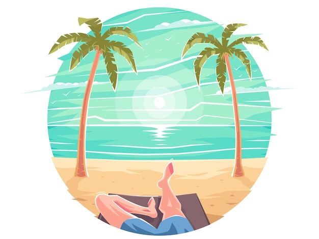 Vector a guy in a swimsuit lights up lying on a sun lounger