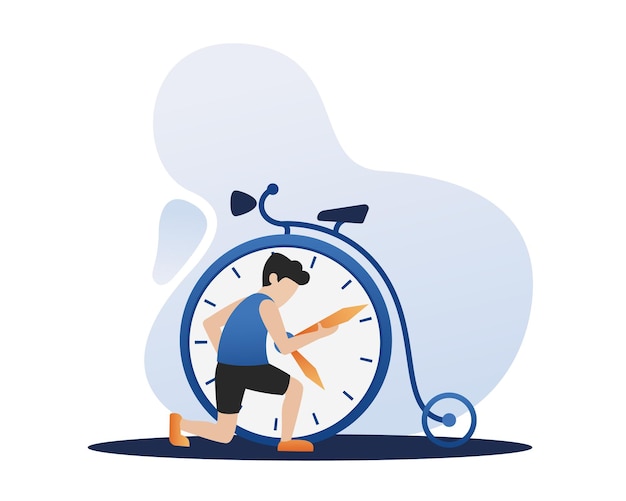 Vector guy trying hard to meet tight deadlines faceless male character adjusting clock on bike man turning minute hand on large clockface flat vector illustration