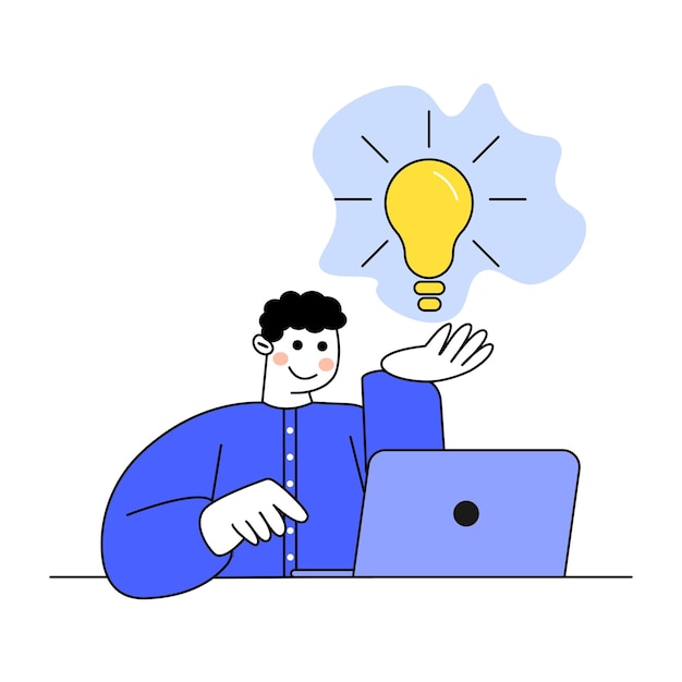 guy using laptop with a light bulb above his head representing a moment of inspiration while working