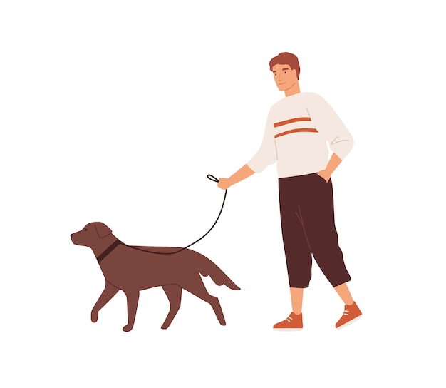 가죽 끈 벡터 평면 그림에 귀여운 강아지와 함께 산책 하는 남자. 행복한 가축과 주인은 흰색으로 격리되어 함께 시간을 보냅니다. 남성 캐릭터와 사랑스러운 애완동물은 일상적인 야외 활동을 즐깁니다.