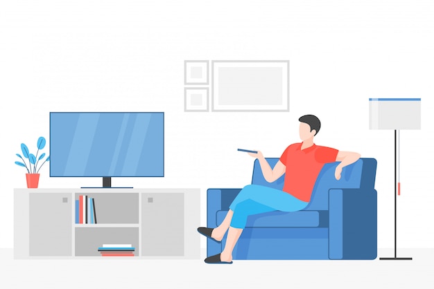 テレビのフラットのベクトル図を見ている男。リモートの漫画のキャラクターを保持している快適なソファに座っている若い男。屋内休憩、メディアレクリエーション、現代のレジャー活動。アパートのインテリア。