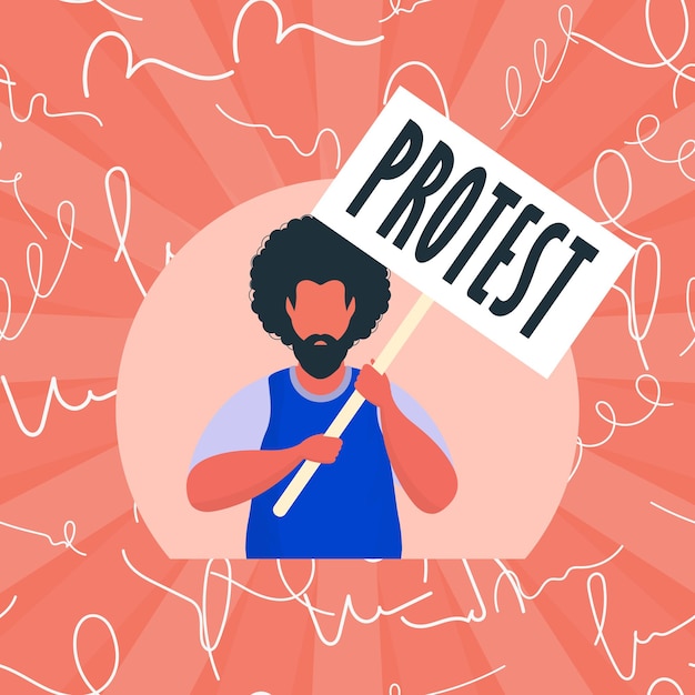 Guy with a banner in his hands Protest concept Cartoon style