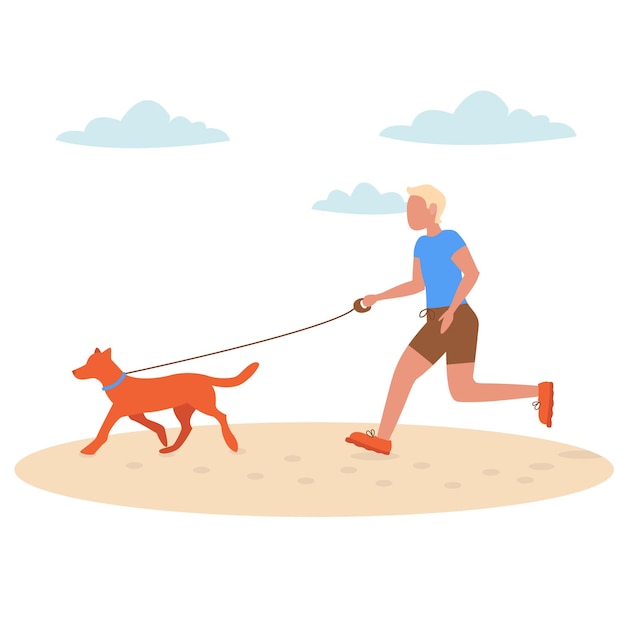 A guy with a dog on a leash runs along the beach