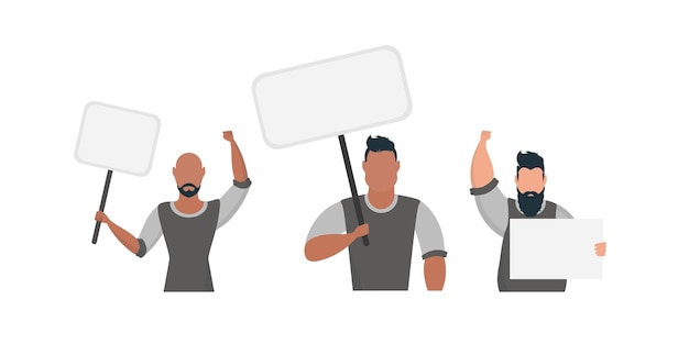 A guy with an empty banner in his hands With space for your text Rally or protest concept Vector illustration