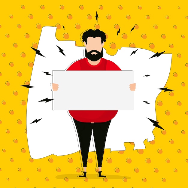 A guy with an empty banner and space for your text Pop art cartoon style Vector illustration