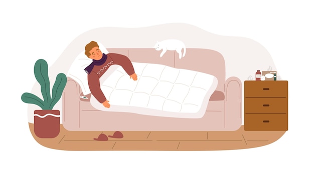 Guy with fever and influenza symptoms lying on sofa under blanket vector flat illustration. Sickness man having health problem sleeping on couch at home isolated. Male with grippe or infection.