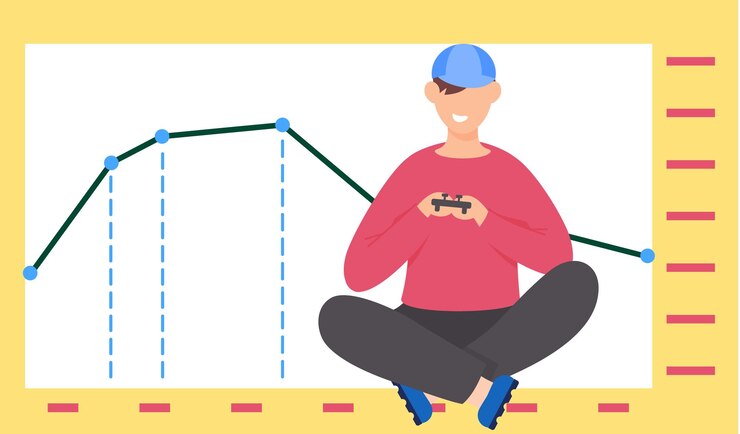Vector a guy with a gamepad in his hands sits near a bar graph statistics and business anatytics concept