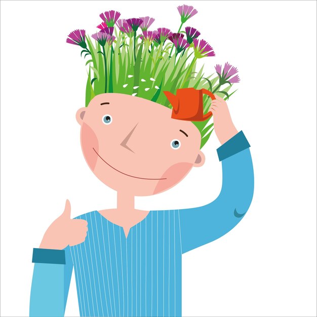 A guy with hair growing like grass and flowers