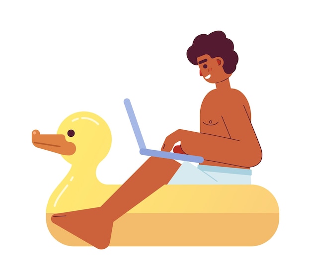 Guy with laptop on duck pool float semi flat color vector character