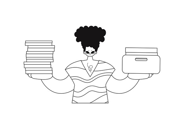 Vector guy with stacks of papers in linear styling. vector illustration.