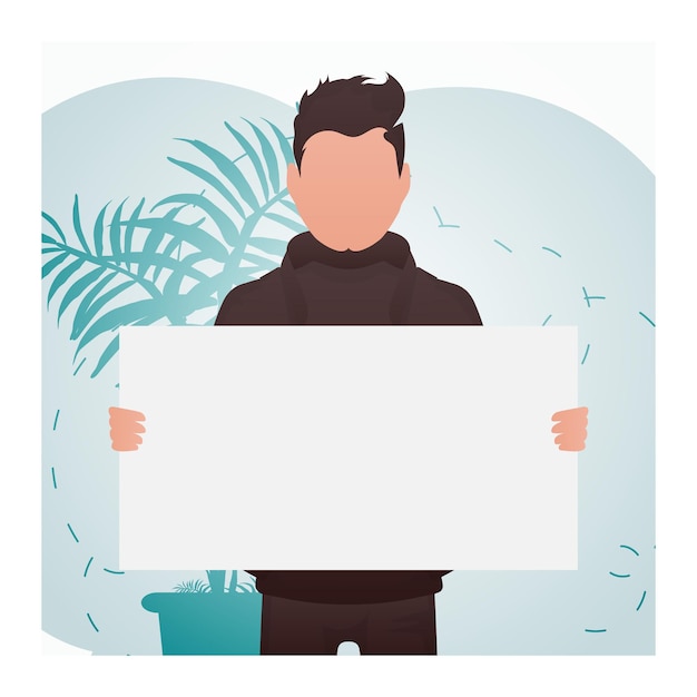 Vector a guy with a strong physique holds an empty banner in his hands rally cartoon style