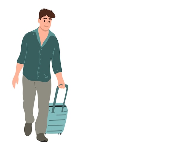 A guy or a young man walks with a suitcase isolated on a white background. Travel concept.