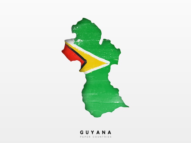 Guyana detailed map with flag of country. painted in watercolor paint colors in the national flag.