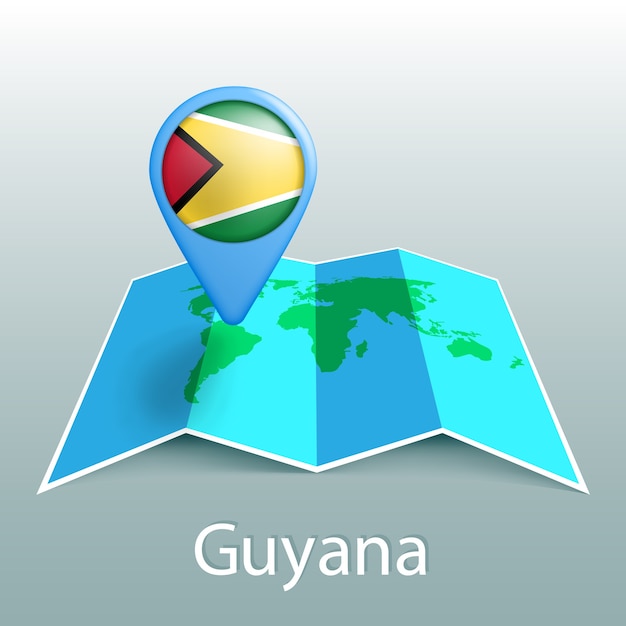 Guyana flag world map in pin with name of country on gray background