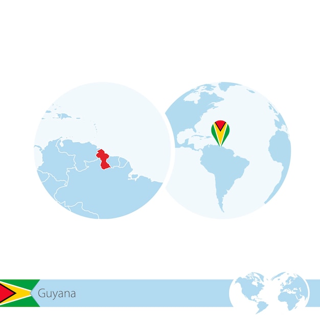 Guyana on world globe with flag and regional map of Guyana. Vector Illustration.