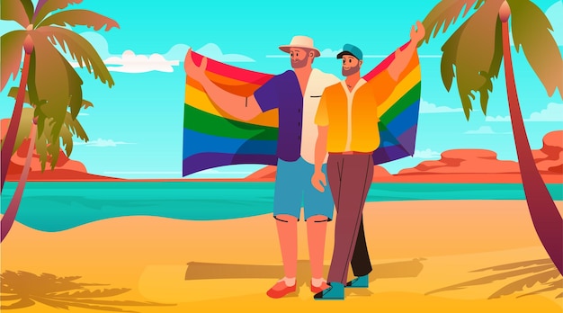 Vector guys couple with lgbt rainbow flag standing together on tropical beach gay lesbian love parade pride festival transgender love concept horizontal vector illustration